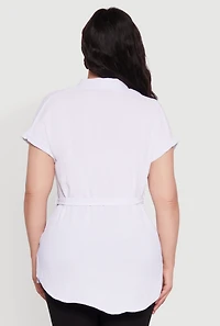 Womens Plus Size Classic Fit Crepe Knit Tie Waist Tunic Shirt, White, Size 3X