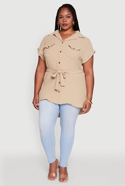 Womens Plus Classic Fit Crepe Knit Tie Waist Tunic Shirt,