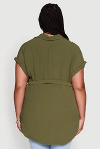 Womens Plus Classic Fit Crepe Knit Tie Waist Tunic Shirt,
