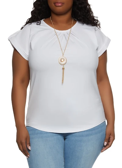 Plus Tabbed Short Sleeve Blouse with Necklace