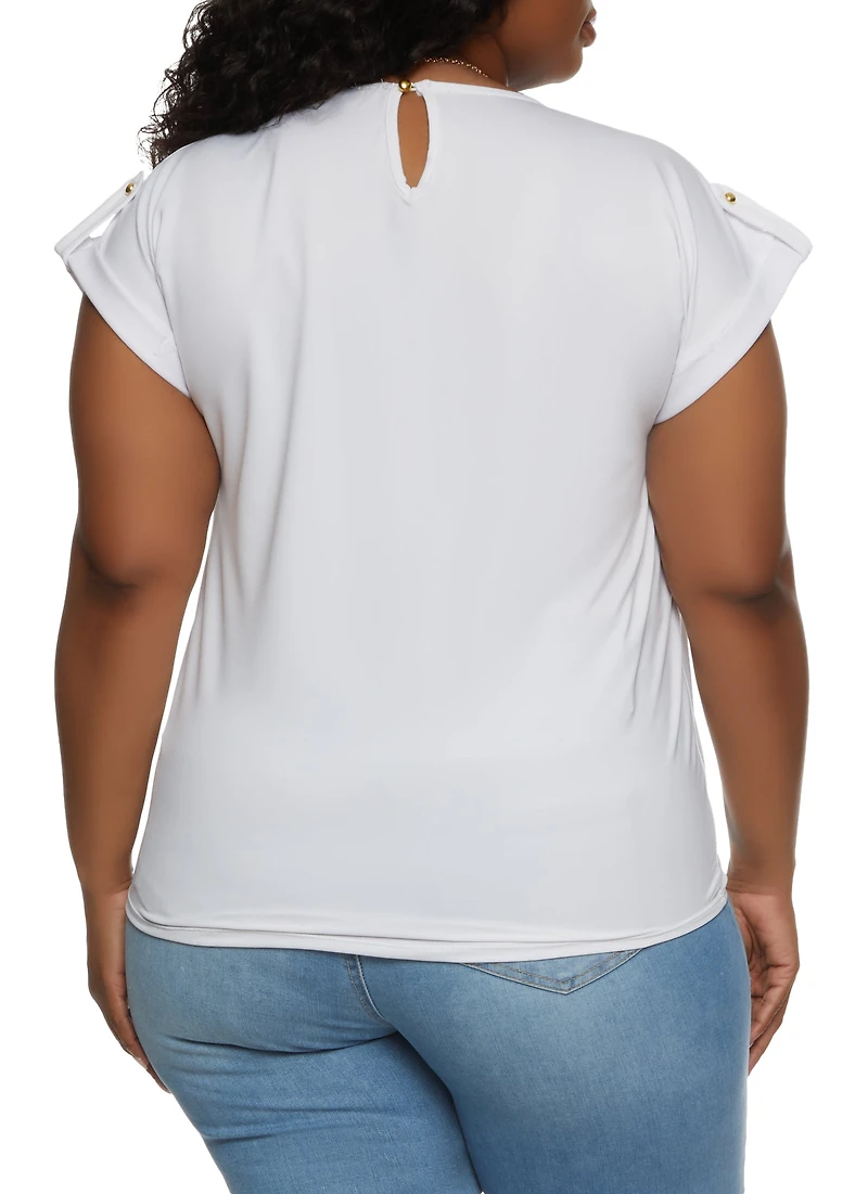 Plus Tabbed Short Sleeve Blouse with Necklace