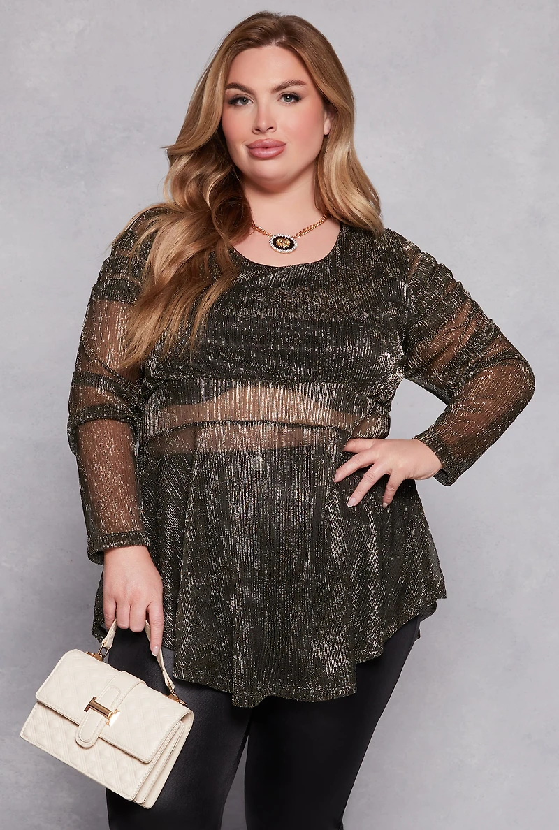 Womens Plus Size Lurex Plisse Peplum Blouse, Black, Size 1X