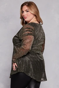Womens Plus Size Lurex Plisse Peplum Blouse, Black, Size 2X