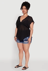 Womens Plus Dolman Sleeve Lettuce Edge Blouse, Black,