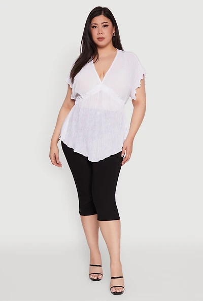 Womens Plus Size Dolman Sleeve Lettuce Edge Blouse, White, Size 2X