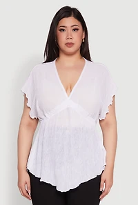 Womens Plus Size Dolman Sleeve Lettuce Edge Blouse, White, Size 2X