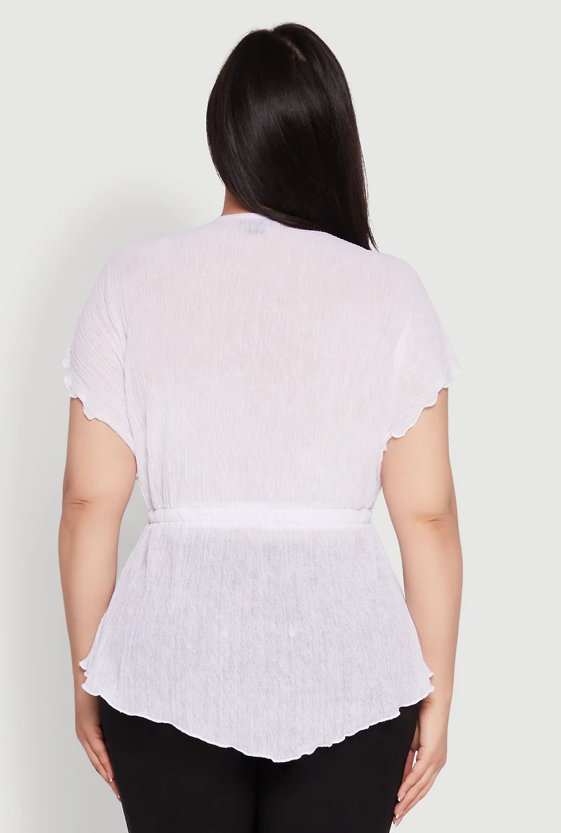 Womens Plus Size Dolman Sleeve Lettuce Edge Blouse, White, Size 2X