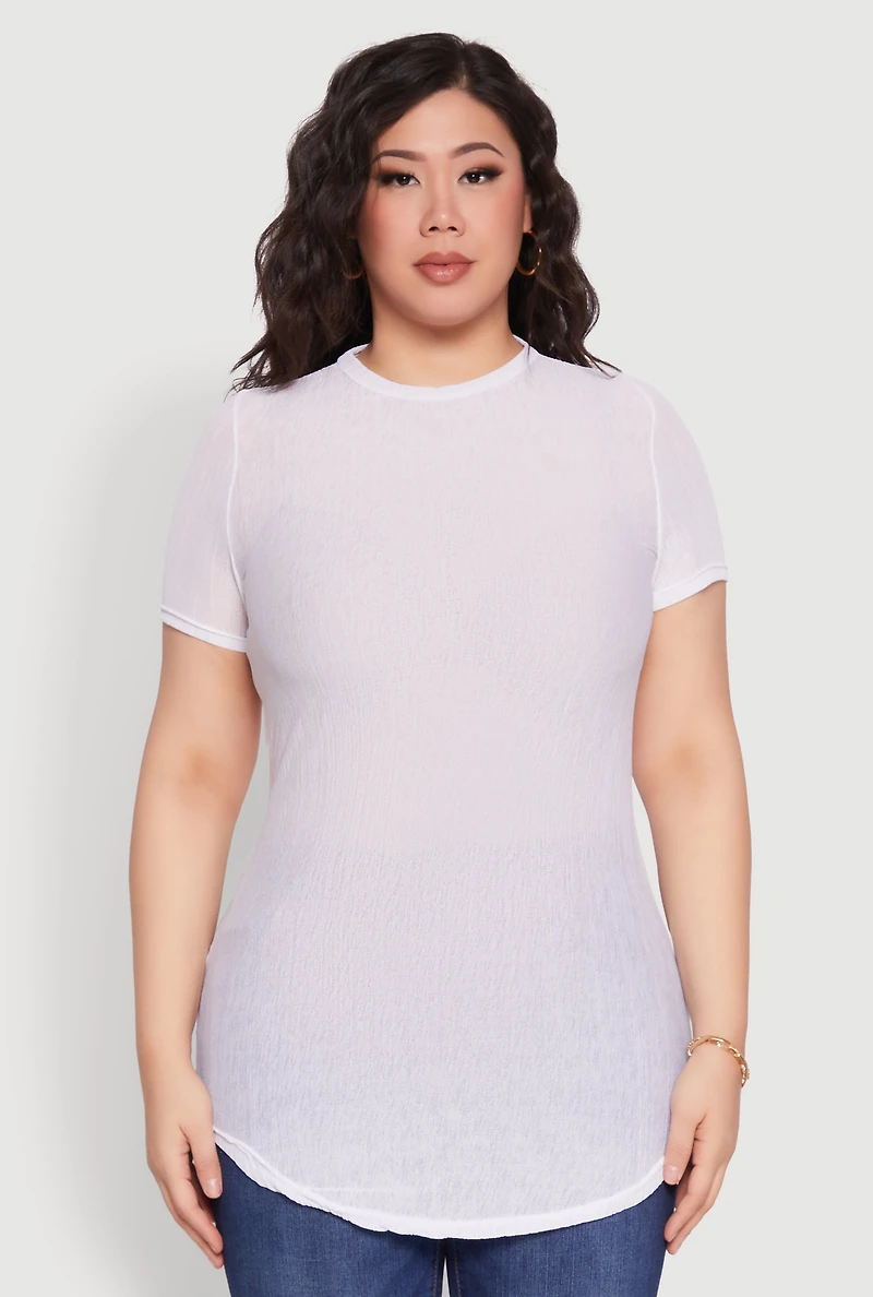 Womens Plus Size Sheer Short Sleeve Tunic Top, White, Size 1X