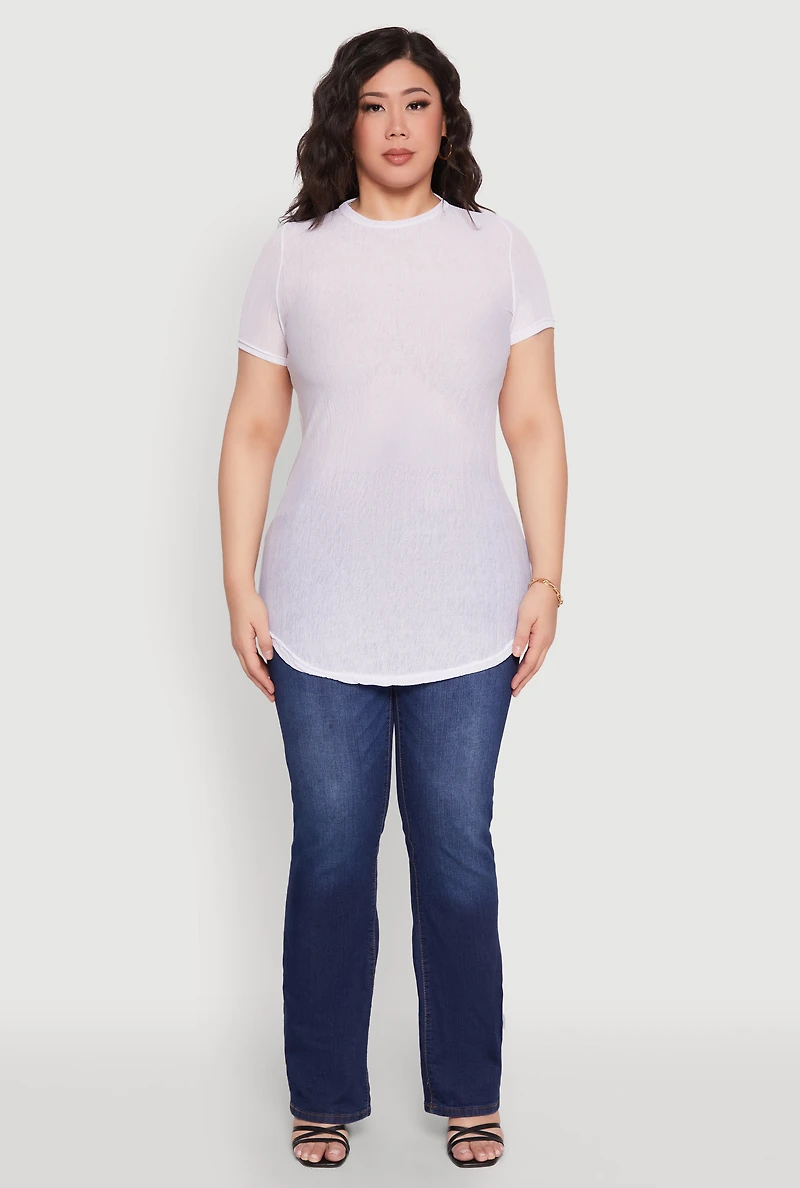 Womens Plus Size Sheer Short Sleeve Tunic Top, White, Size 1X