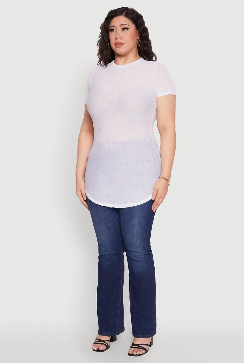 Womens Plus Size Sheer Short Sleeve Tunic Top, White, Size 1X