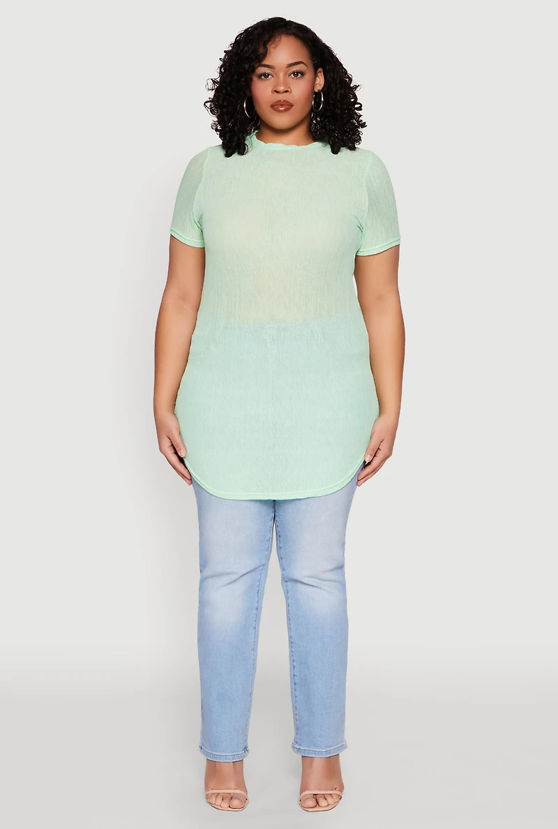 Womens Plus Size Sheer Short Sleeve Tunic Top, Green, Size 1X