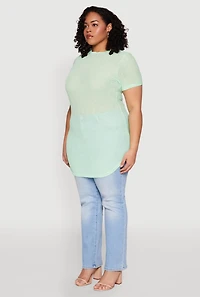 Womens Plus Size Sheer Short Sleeve Tunic Top, Green, Size 1X