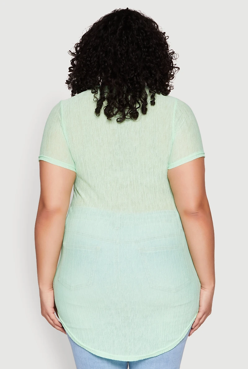 Womens Plus Size Sheer Short Sleeve Tunic Top, Green, Size 1X