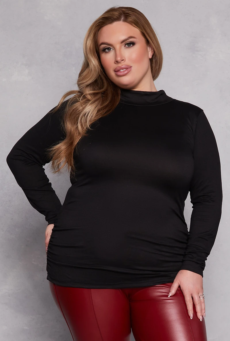 Womens Plus Size Soft Knit Ruched Mock Neck Top, Black, Size 2X