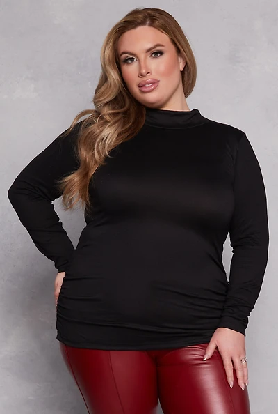 Womens Plus Size Soft Knit Ruched Mock Neck Top, Black, Size 2X