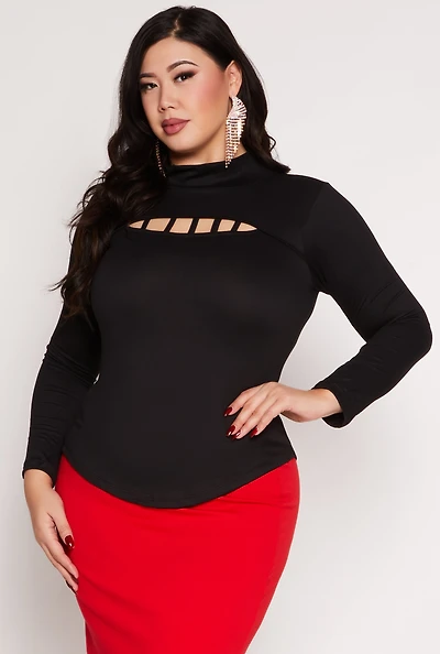 Plus Caged Keyhole Long Sleeve Top