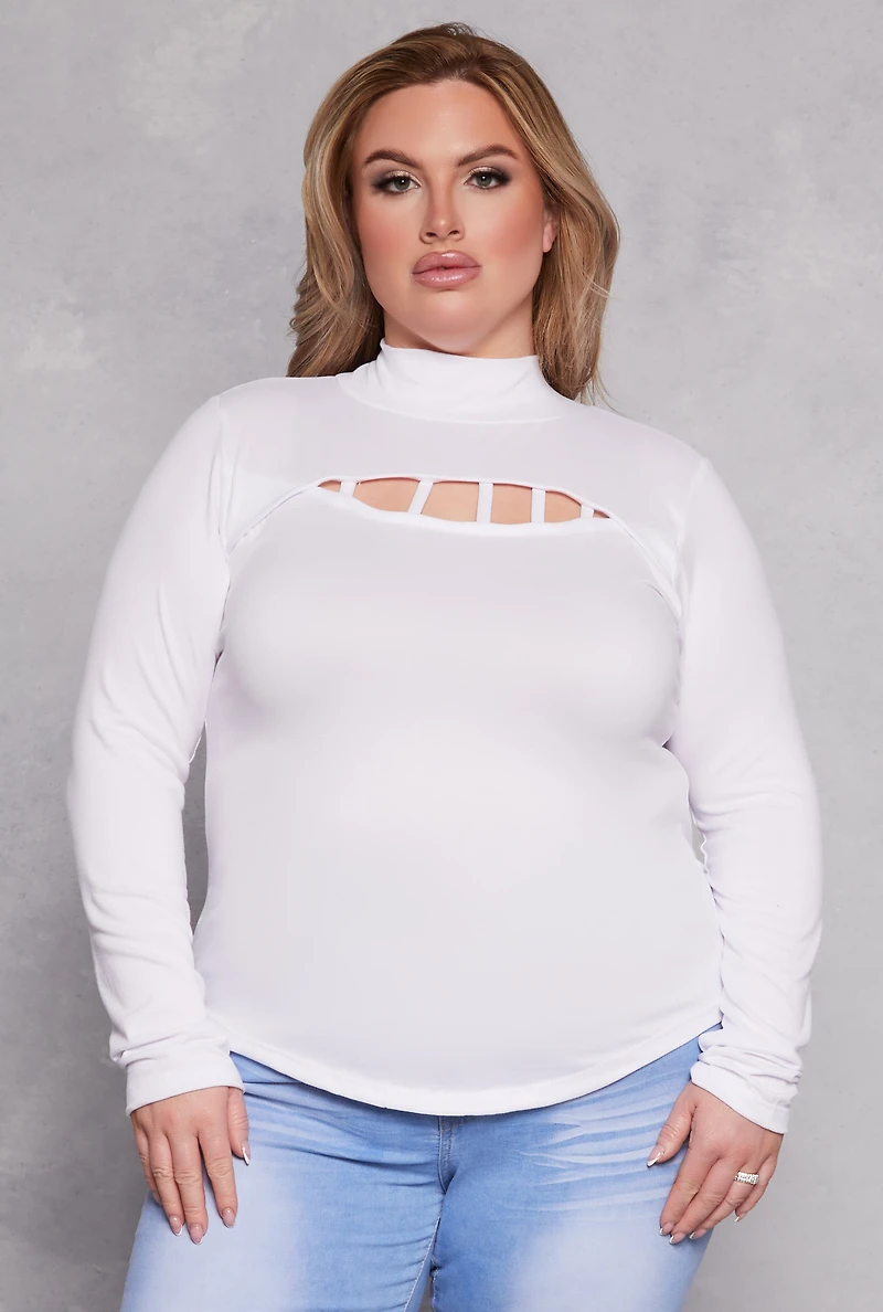 Womens Plus Size Caged Keyhole Long Sleeve Top, White, Size 1X