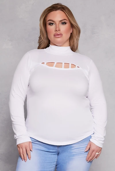 Womens Plus Size Caged Keyhole Long Sleeve Top, White, Size 1X