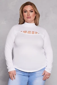 Womens Plus Size Caged Keyhole Long Sleeve Top, White, Size 1X