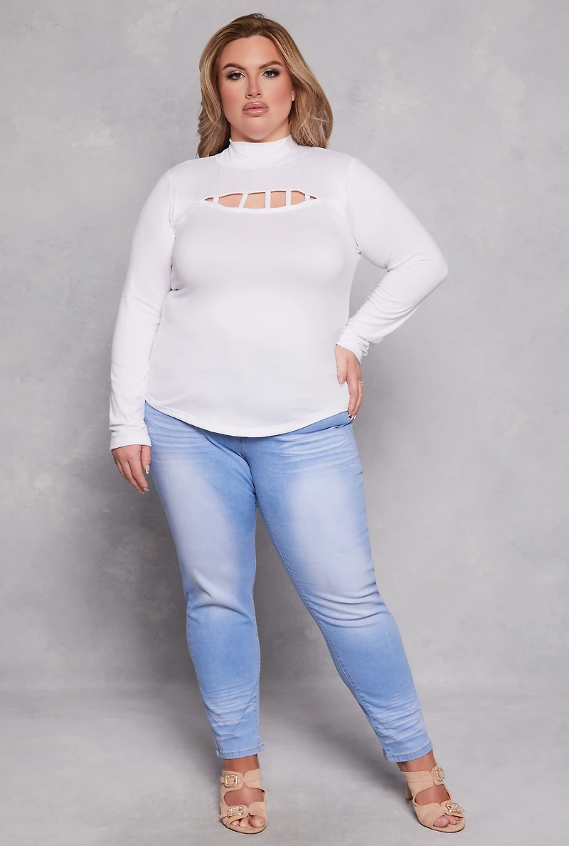 Womens Plus Size Caged Keyhole Long Sleeve Top, White, Size 1X