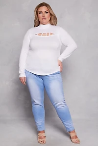 Womens Plus Size Caged Keyhole Long Sleeve Top, White, Size 1X
