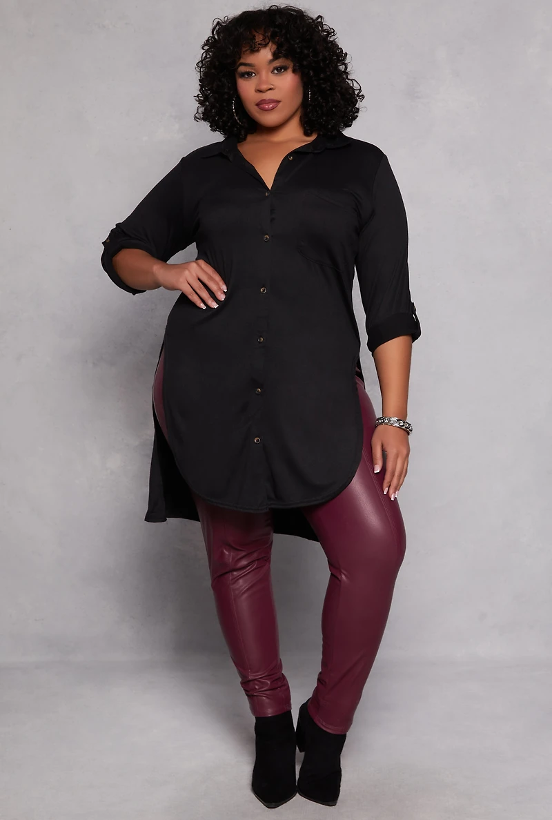 Plus Tie Button Front Tunic Top