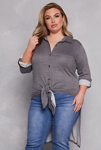 Womens Plus Size Tie Button Front Tunic Top, Grey, Size 1X