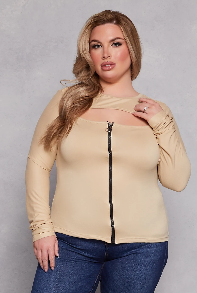 Womens Plus Size Cut Out Zip Front Top, Beige, Size 2X