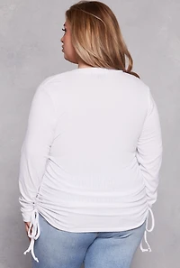 Womens Plus Size Ruched Drawstring Side Button Front Top, White, Size 3X