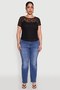 Womens Plus Lace Lined Crew Neck Top,