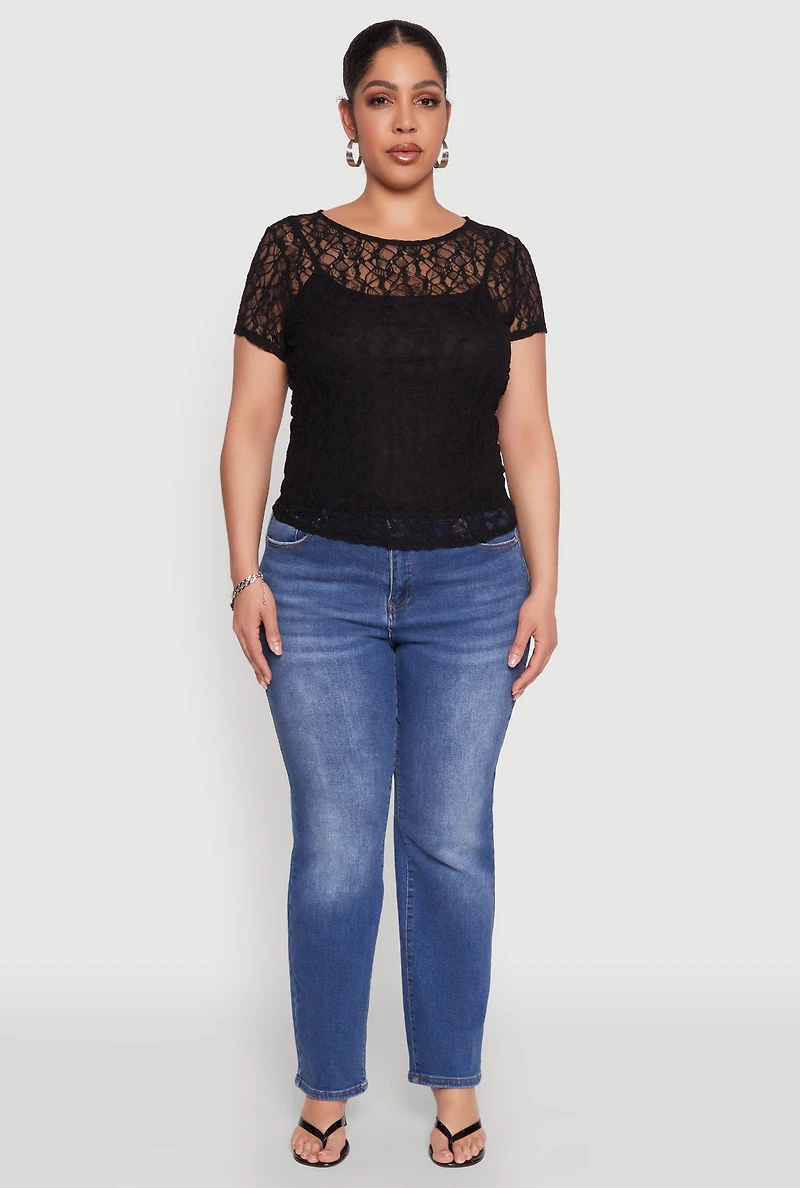 Womens Plus Lace Lined Crew Neck Top,