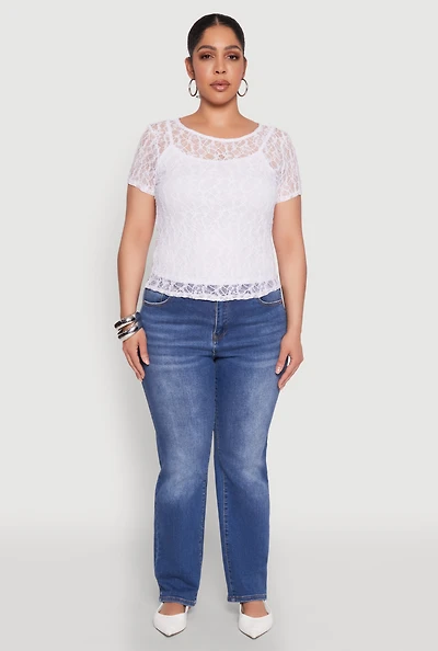 Womens Plus Size Lace Lined Crew Neck Top, White, Size 3X