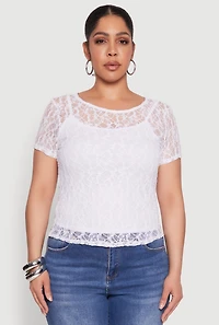 Womens Plus Size Lace Lined Crew Neck Top, White, Size 3X