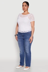 Womens Plus Size Lace Lined Crew Neck Top, White, Size 3X