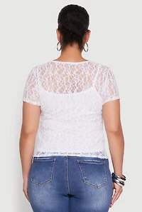 Womens Plus Size Lace Lined Crew Neck Top, White, Size 3X