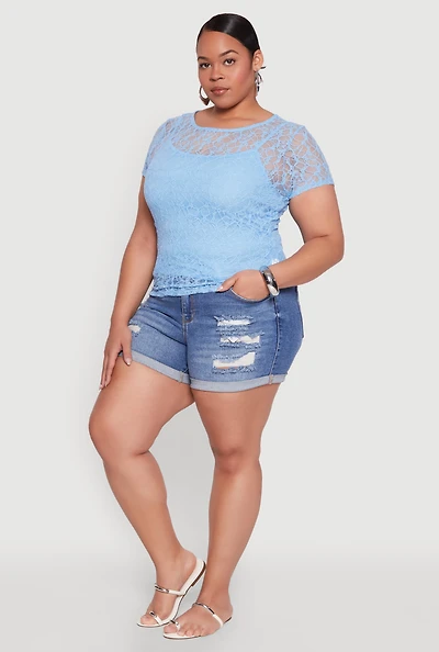 Womens Plus Lace Lined Crew Neck Top,