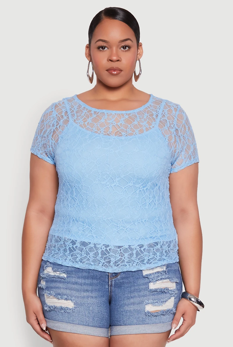 Womens Plus Lace Lined Crew Neck Top,