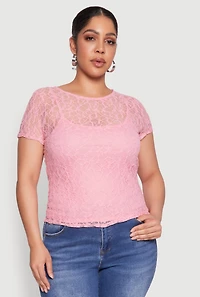 Womens Plus Size Lace Lined Crew Neck Top, Pink, Size 1X