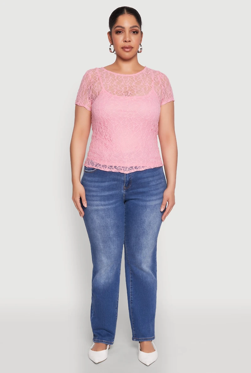 Womens Plus Size Lace Lined Crew Neck Top, Pink, Size 1X