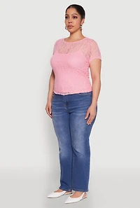 Womens Plus Size Lace Lined Crew Neck Top, Pink, Size 1X