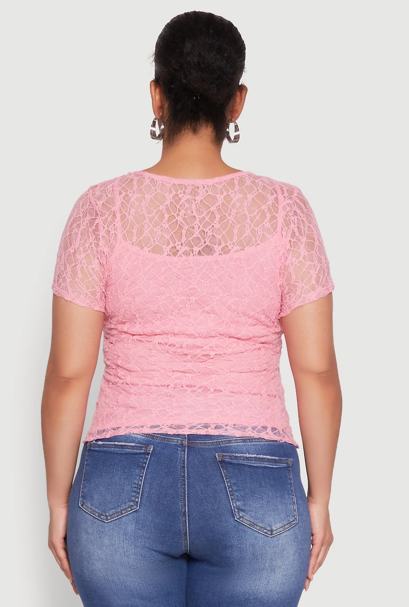 Womens Plus Size Lace Lined Crew Neck Top, Pink, Size 1X