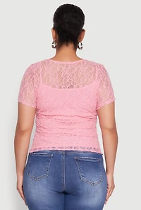 Womens Plus Size Lace Lined Crew Neck Top, Pink, Size 1X