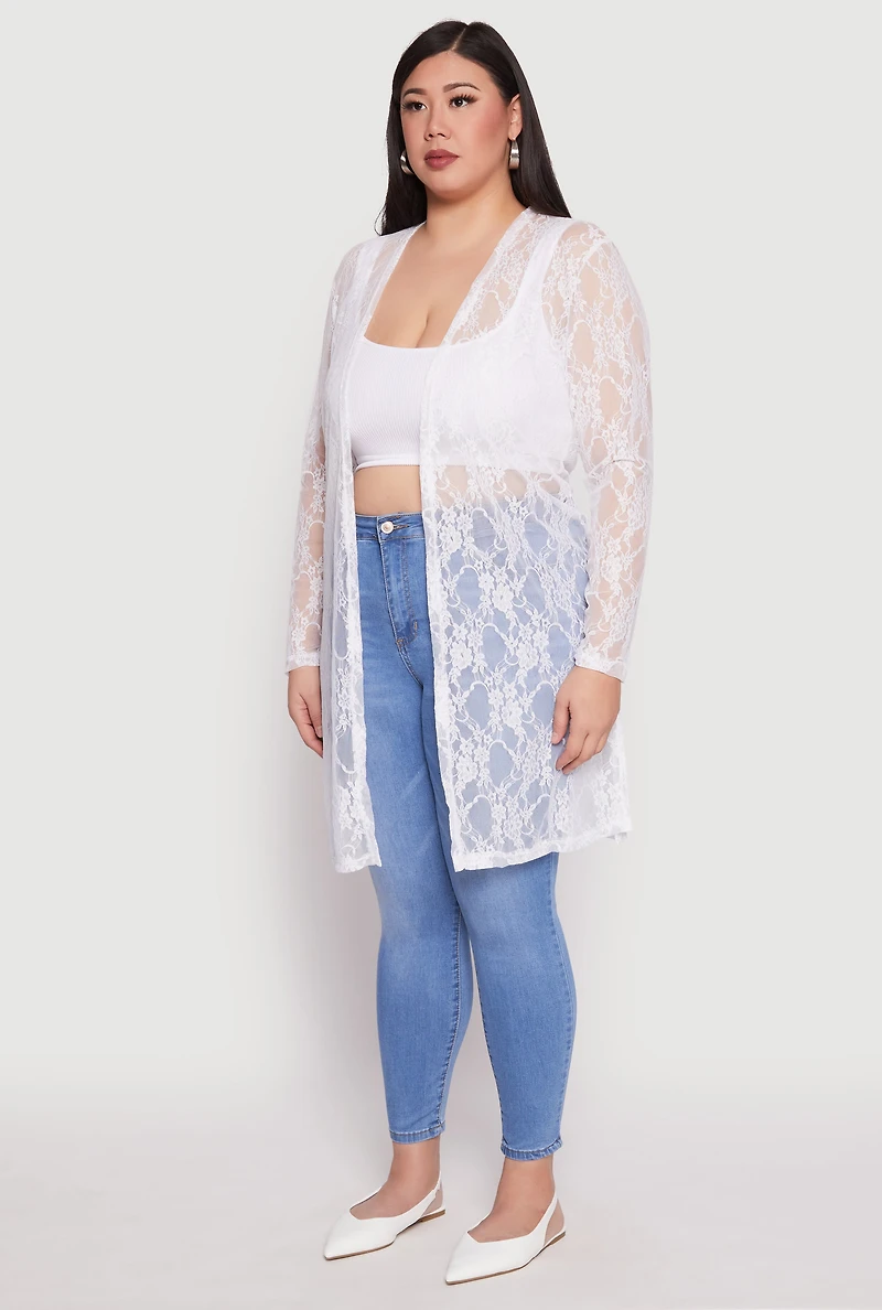Womens Plus Size Lace Duster, White, Size 1X