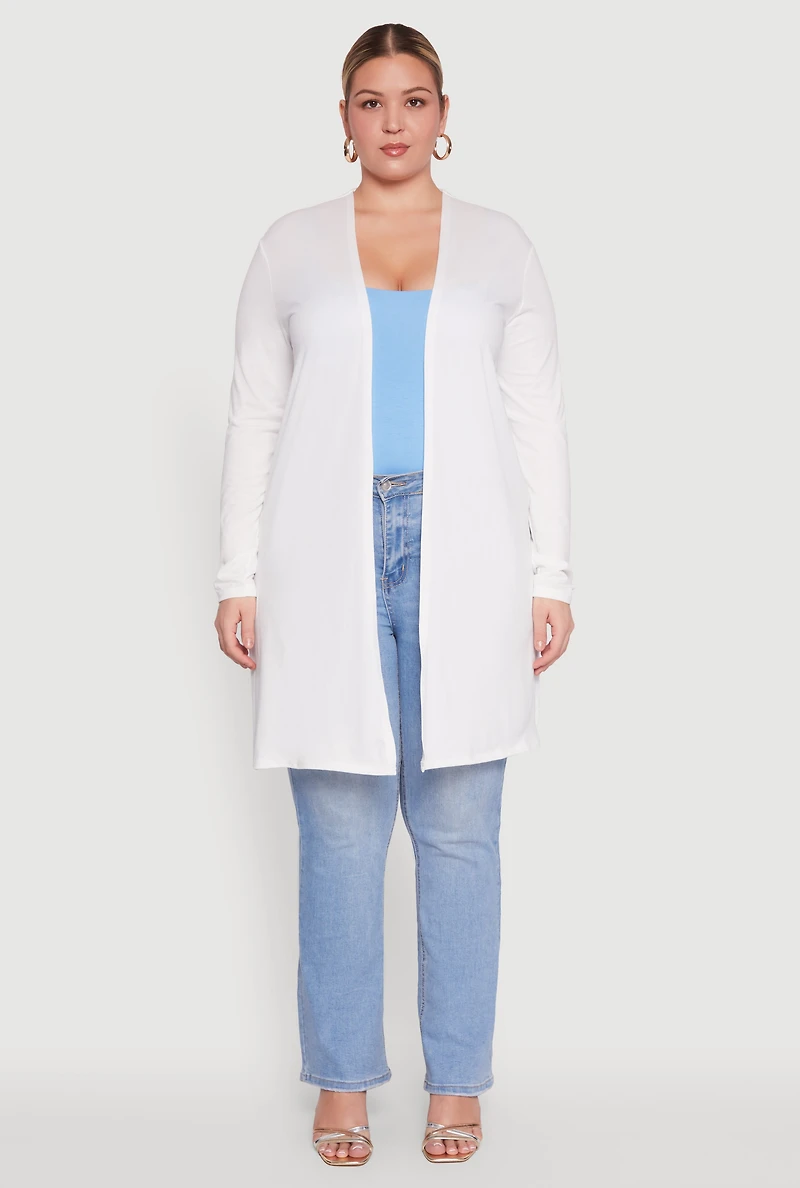 Womens Plus Size Soft Knit Long Sleeve Duster, White, Size 3X