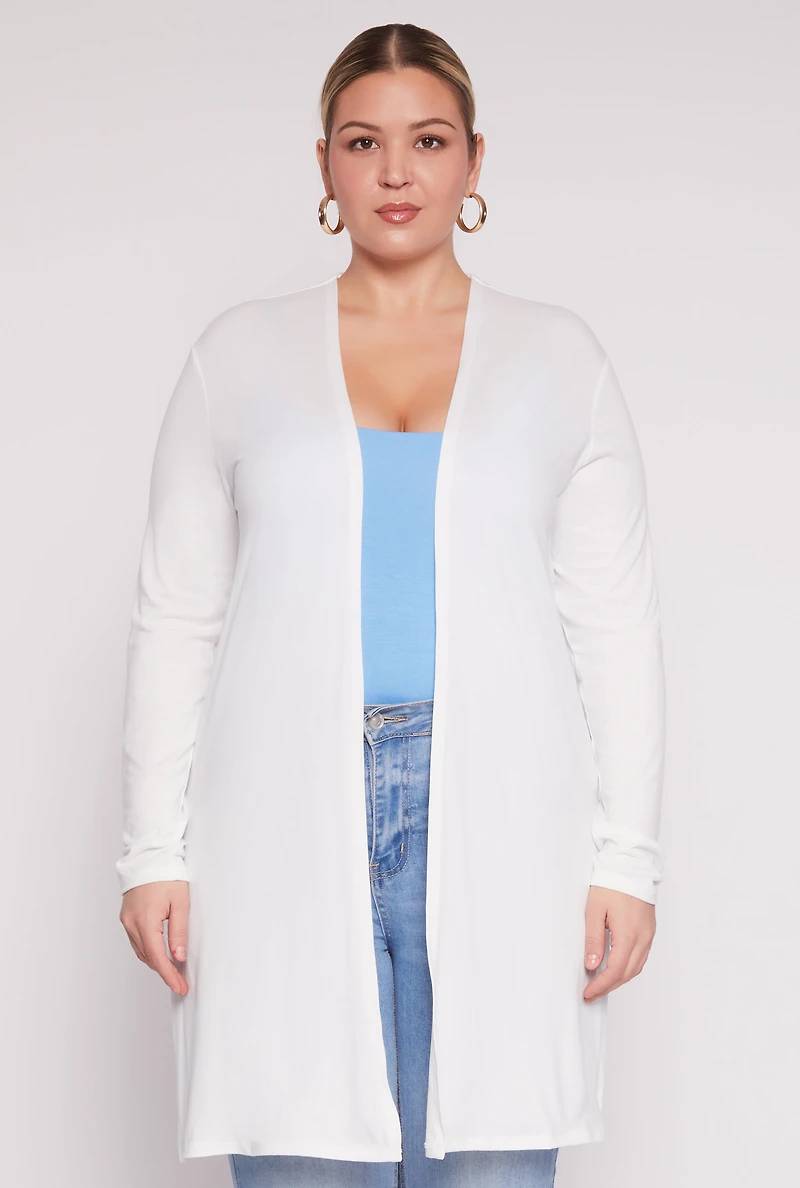 Womens Plus Size Soft Knit Long Sleeve Duster, White, Size 3X