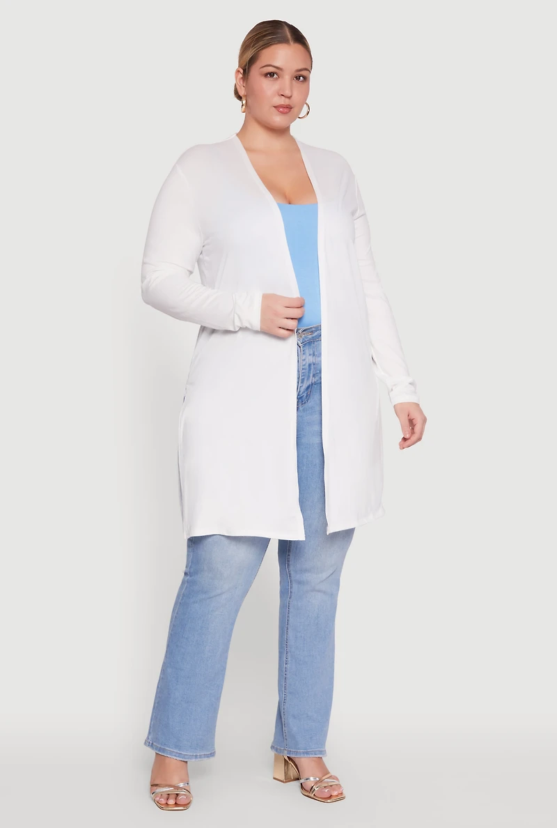 Womens Plus Size Soft Knit Long Sleeve Duster, White, Size 3X