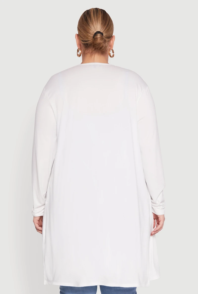 Womens Plus Size Soft Knit Long Sleeve Duster, White, Size 3X