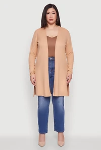 Womens Plus Size Soft Knit Long Sleeve Duster, Beige, Size 2X