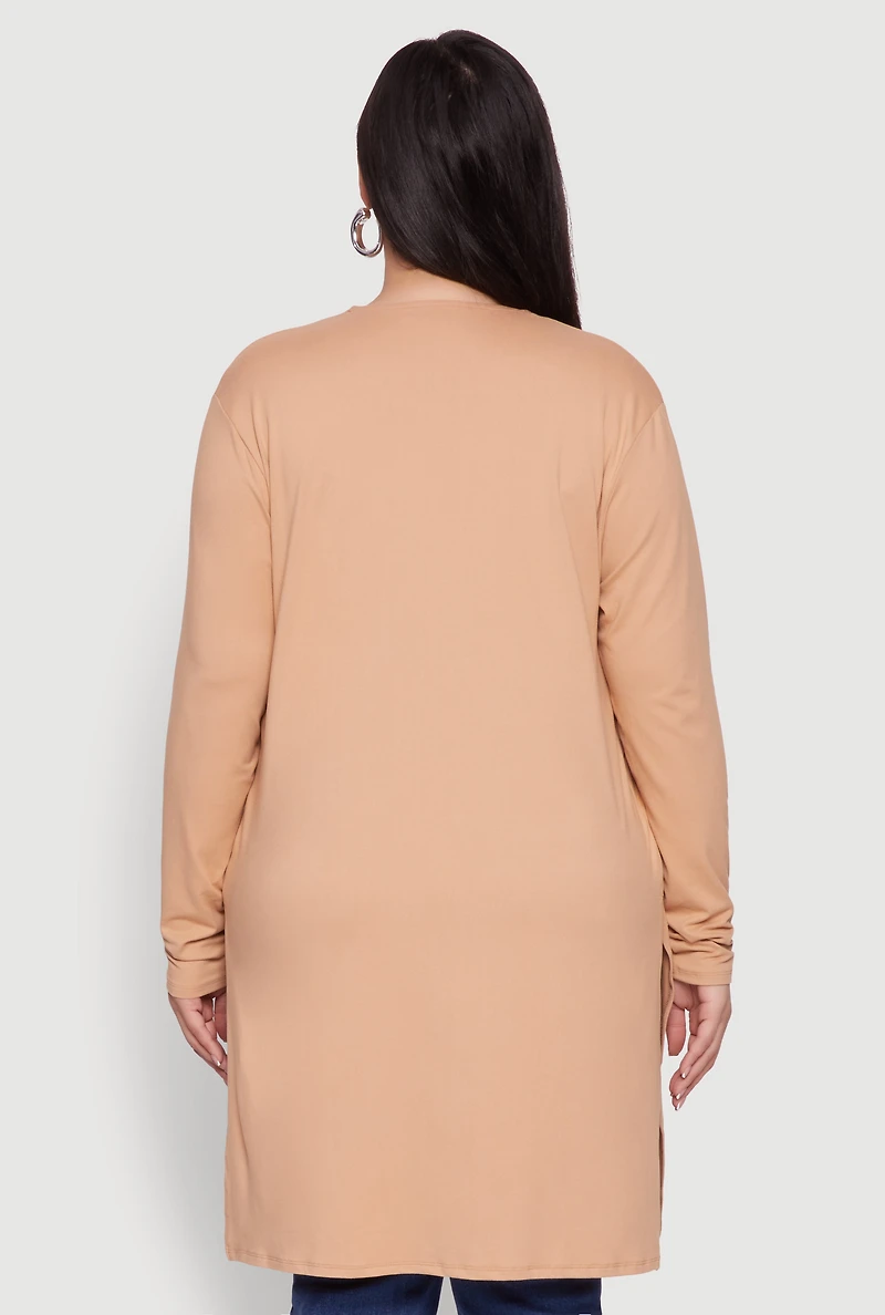Womens Plus Size Soft Knit Long Sleeve Duster, Beige, Size 2X
