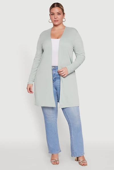 Womens Plus Size Rib Knit Long Sleeve Duster, Green, Size 1X